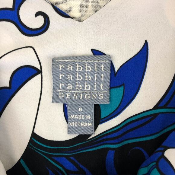 Rabbit Rabbit Rabbit Blue Floral Fit & Flare Dress Sleeveless Black Trim V Neck - Picture 7 of 16